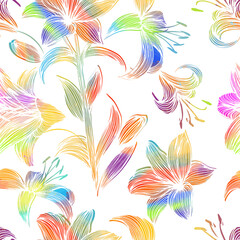 Fototapeta na wymiar Seamless pattern multicolored flowers lilies. Vector illustration. hand drawn ornamental background.