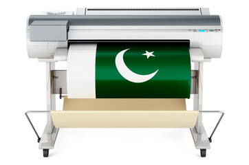 Wide format printer, plotter with Pakistani flag. 3D rendering