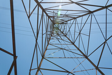 power lines - view from below with lens flare
