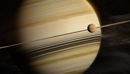 Image of Saturn with its moon Titan. 8K image of the rings of Saturn. 3d illustration © David Costa Art