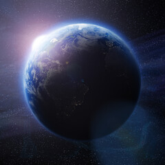 Detailed 4k image of the planet earth with the sun behind it. Blue planet above the milky way. 3d illustration.