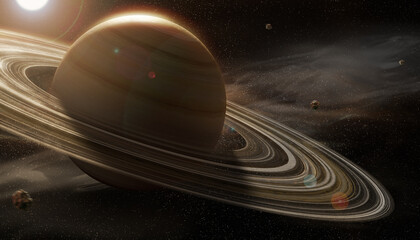 Incredible image of Saturn with the rings illuminated by the sun. Detailed image of the universe with stars in 8k. 3d illustration