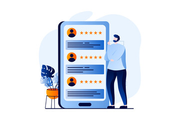 Feedback page concept with people scene in flat cartoon design. Man reads comments with stars of other customers and makes choice. Customer satisfaction. Illustration visual story for web - obrazy, fototapety, plakaty