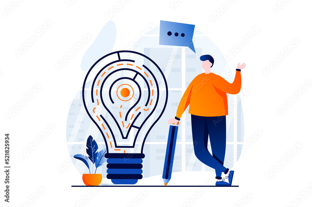 Fototapete Finding solution concept with people scene in flat cartoon design. Man thinks how to get through labyrinth in light bulb form in best way and generates ideas. Illustration visual story for web