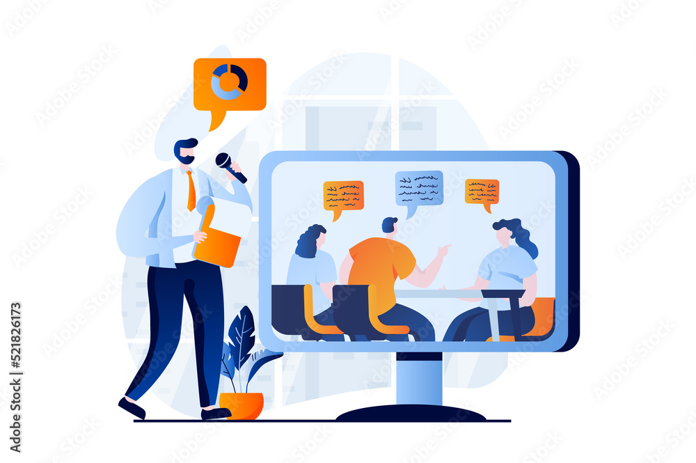 Poster Finding solution concept with people scene in flat cartoon design. Man analyzes data and studies information about clients, works in team with colleagues. Illustration visual story for web
