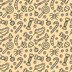Seamless pattern with sweets, pumpkins, autumn leaves, bones and spiders.  Halloween texture for prints, fabrics, backgrounds, web and social media. Hand-drawn doodle sketch vector illustration