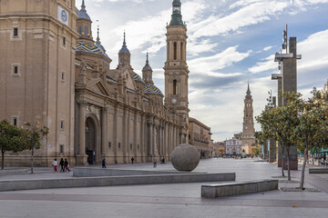ZARAGOZA, SPAIN-MAY 15, 2021: Plaza (square) de Nuestra Senora del Pilar in the morning