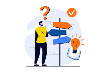 Finding solution concept with people scene in flat cartoon design. Man thinks and chooses direction while standing in front of signs with arrows directions. Illustration visual story for web