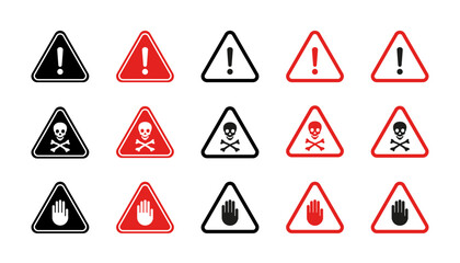 Set of hazard warning signs, black, and red triangle warning safety and caution signs. Information security hazard vector symbol, warning attention icon.