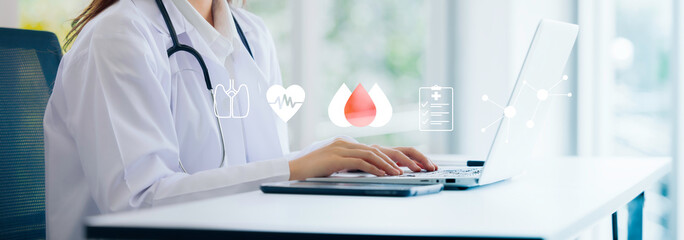 Doctor using digital tablet with medical infographic on virtual hologram display at hospital, Tele-medical health care service concept
