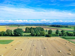 aerial view of straw balls on a harvested field