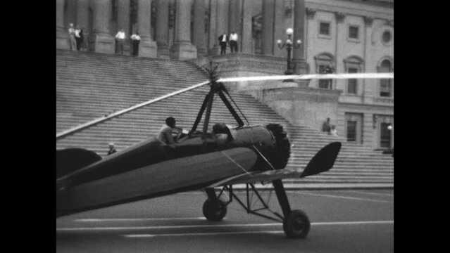 Washington, DC Autogyro Flight 1931 - A man takes off from the US Capitol in Washington, DC while piloting an autogyro, in 1931. 