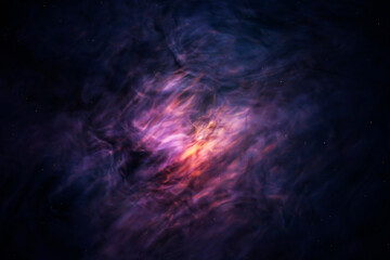 Abstract 3d lilac with yellow colors fog or swirling smoke with yellow dots on dark background. Magic light effect with vapor and gas. 3d rendering illustration.