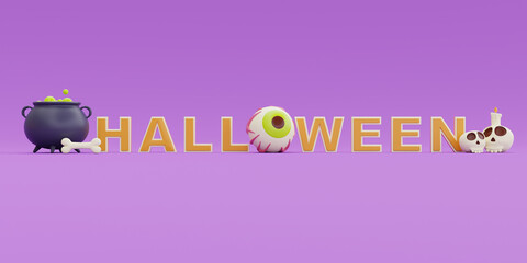 Happy Halloween with witch cauldron, eyeball and bones on purple background, traditional october holiday, 3d rendering.