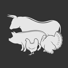 Bull, Chicken, Turkey and Pig silhouette isolated on white background. Vector illustration