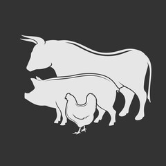 Bull,  Chicken and Pig silhouette isolated on white background. Vector illustration	
