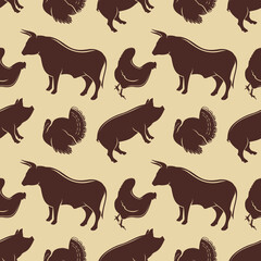 Bull, Pig, Сhicken and Turkey, Butcher shop's seamless repeat pattern background. Vector illustration
