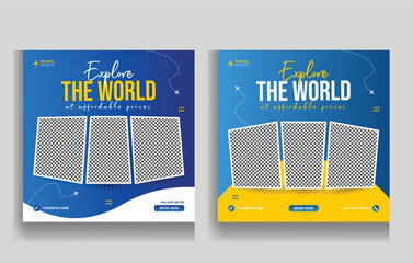 Creative travel agency social media post template. travel promotion web banner with logo.
Travel flyer template for travel agency.