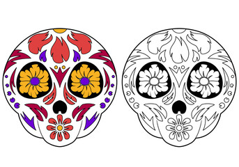 Sugar skull - coloring page with coloring example. The day of the Dead. Coloring book, design element for poster, card, banner.