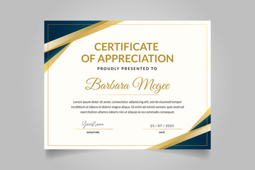 Certificate Template Design in Luxury Blue and Golden Color for Appreciation, Award, Business, and Education Needs