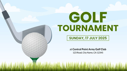 Golf Tournament or Team Competition Event Invitation Banner Design with Golf Ball and Stick on Green Putter Field Background