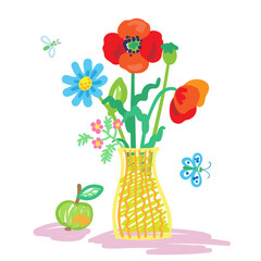 Children's drawing. Beautiful flowers in a yellow vase. In cartoon style. Isolated on white background. Vector flat illustration