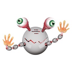 Obraz premium Friendly positive cute cartoon gray robot with smiling face waving its hands. 3d render isolated on white backdrop
