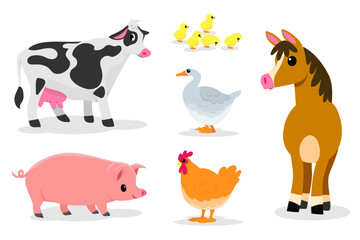 Fototapeta premium Cute animals in ranch, Farm and agriculture. illustrations of village life and objects Design for banner, layout, annual report, web, flyer, brochure, ad.