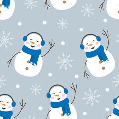 Vector seamless Christmas background with snowmans in blue headphones and scarfs and snowflakes