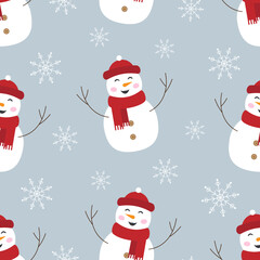 Vector seamless Christmas background with snowmans in red hats and scarfs and snowflakes