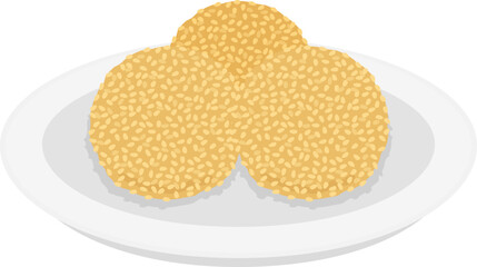 皿に盛られた、胡麻団子のイラスト