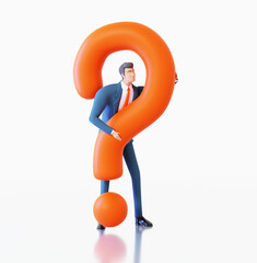 Successful businessman leaned on big question mark. Busy person, professional. help, support, advisory concept 3D rendering illustration. 