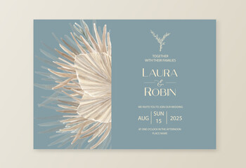 Wedding dried lunaria, pampas grass floral vector card. Watercolor Exotic dried flowers, palm leaves boho invitation template. Save the Date foliage cover, modern poster, trendy design - obrazy, fototapety, plakaty