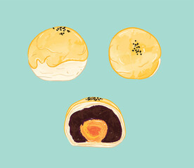 Whole and sliced yellow round yolk pastry in flat vector illustration - obrazy, fototapety, plakaty