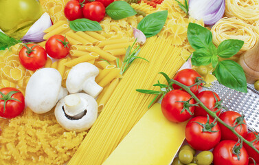 Different types of pasta. Ingredients for making pasta.