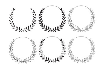 Round frames with laurel branches. Hand drawn vector laurel wreaths for invitations, posters, greeting cards, logos, web, frame art. Line art floral design element.