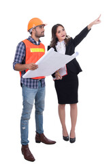 Fototapeta premium Asian engineer and business woman point finger up on white background,Thailand people,Point for looking building