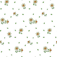 Seamless floral pattern, cute ditsy print with small sparse chamomile on a white surface. Trendy botanical background design with simple tiny flowers, leaves. Vector illustration.