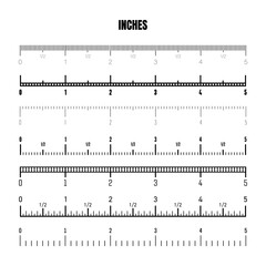 Realistic black inch scale for measuring length or height. Various measurement scales with divisions. Ruler, tape measure marks, size indicators. Vector illustration