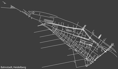 Detailed negative navigation white lines urban street roads map of the BAHNSTADT DISTRICT of the German regional capital city of Heidelberg, Germany on dark gray background