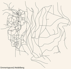 Detailed navigation black lines urban street roads map of the EMMERTSGRUND DISTRICT of the German regional capital city of Heidelberg, Germany on vintage beige background