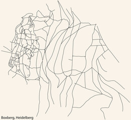 Detailed navigation black lines urban street roads map of the BOXBERG DISTRICT of the German regional capital city of Heidelberg, Germany on vintage beige background