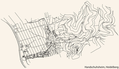 Detailed navigation black lines urban street roads map of the HANDSCHUHSHEIM DISTRICT of the German regional capital city of Heidelberg, Germany on vintage beige background