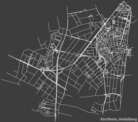 Detailed negative navigation white lines urban street roads map of the KIRCHHEIM DISTRICT of the German regional capital city of Heidelberg, Germany on dark gray background