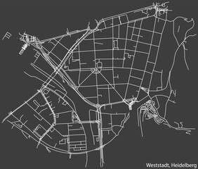 Detailed negative navigation white lines urban street roads map of the WESTSTADT DISTRICT of the German regional capital city of Heidelberg, Germany on dark gray background