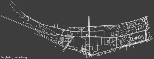 Detailed negative navigation white lines urban street roads map of the BERGHEIM DISTRICT of the German regional capital city of Heidelberg, Germany on dark gray background