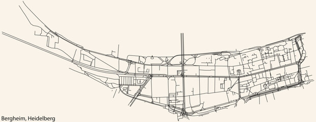 Detailed navigation black lines urban street roads map of the BERGHEIM DISTRICT of the German regional capital city of Heidelberg, Germany on vintage beige background