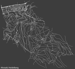 Detailed negative navigation white lines urban street roads map of the ALTSTADT DISTRICT of the German regional capital city of Heidelberg, Germany on dark gray background