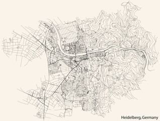 Detailed navigation black lines urban street roads map of the German regional capital city of HEIDELBERG, GERMANY on vintage beige background