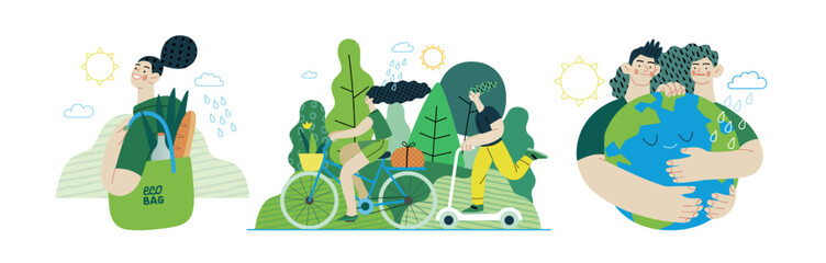 Ecology - Modern flat vector concept illustration on green positive thinking. Eco bag, Sustainable transport, Save the planet. Creative landing web page illustrations set